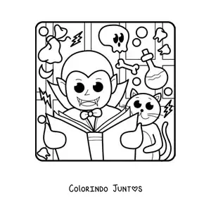 Desenho para colorir de vampiro kawaii no Halloween com livro e um gato