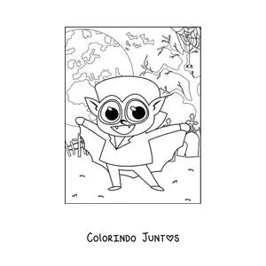 Desenho para colorir de vampiro kawaii em um cemitério na noite de Halloween