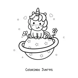 Desenho para colorir de unicórnio kawaii sentado em um planeta