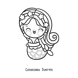 Desenho para colorir de sereia kawaii com coroa de estrelas