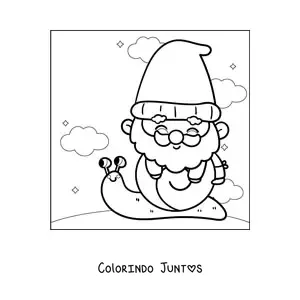 Desenho para colorir de gnomo kawaii sobre um caracol