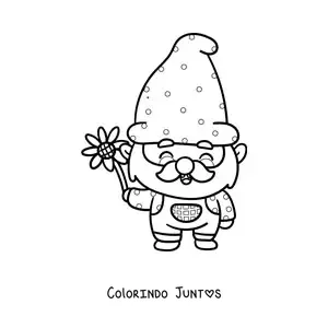 Desenho para colorir de gnomo kawaii com uma flor