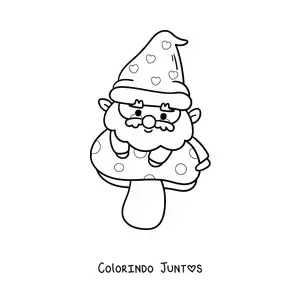 Desenho para colorir de gnomo kawaii sobre um cogumelo