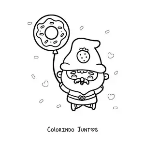 Desenho para colorir de gnomo kawaii com um balão de rosquinha