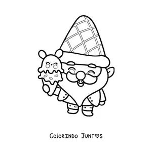 Desenho para colorir de gnomo kawaii com uma casquinha de sorvete