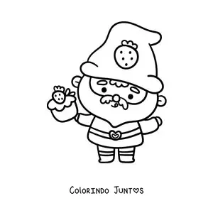 Desenho para colorir de gnomo kawaii com um cupcake de morango