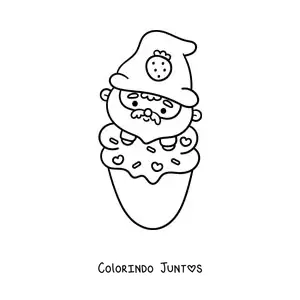 Desenho para colorir de gnomo kawaii sobre um sorvete de morango