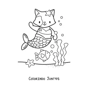 Desenho para colorir de gato sereia kawaii no mar