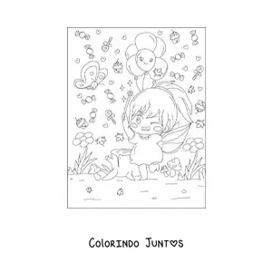 Desenho para colorir de menina fada kawaii em floresta mágica estilo anime