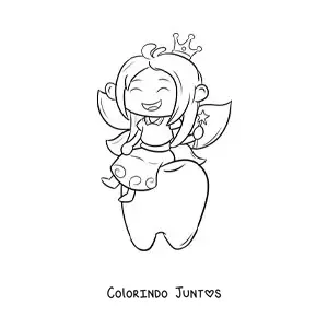 Desenho para colorir de fada do dente kawaii sentada em um dente