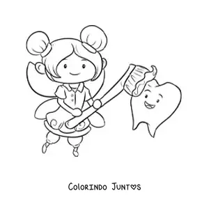 Desenho para colorir de fada do dente kawaii escovando um dente
