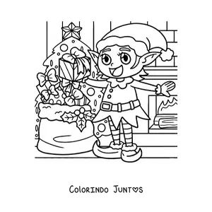 Desenho para colorir de duende de Natal com presentes ao lado da árvore