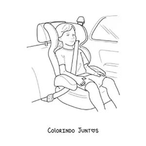 Desenho para colorir de uma criança com cinto de segurança na cadeirinha em um carro