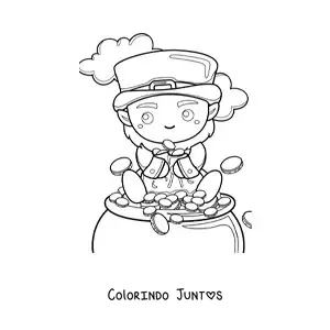 Desenho para colorir de duende kawaii sentado em seu pote de ouro