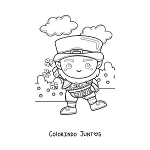 Desenho para colorir de duende da sorte kawaii com trevos
