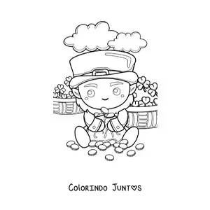 Desenho para colorir de duende da sorte kawaii com ouro e trevos
