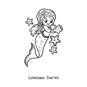 Desenho para colorir de menina sereia kawaii com estrelas-do-mar