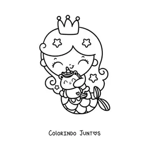 Desenho para colorir de princesa sereia kawaii com pelúcia de unicórnio