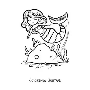 Desenho para colorir de sereia fofa animada nadando no mar