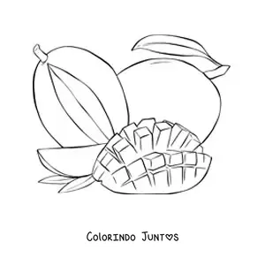 Desenho para colorir de uma manga fatiada em cubos e uma manga inteira ao fundo