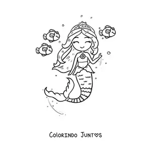 Desenho para colorir de princesa sereia nadando com peixes