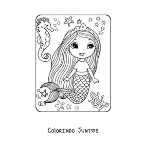 Desenho para colorir de princesa sereia kawaii nadando com um cavalo-marinho