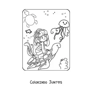 Desenho para colorir de princesa sereia kawaii nadando com uma tartaruga marinha
