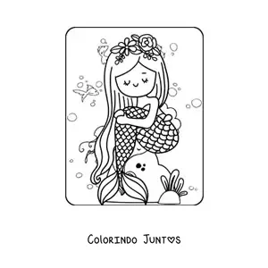 Desenho para colorir de linda sereia sentada em uma pedra