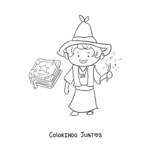 Desenho para colorir de mago com varinha e livro de feitiços