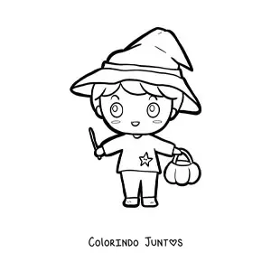 Desenho para colorir de menino kawaii fantasiado de mago no Halloween