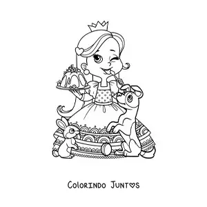 Desenho para colorir de princesa kawaii com sobremesa e bichinhos
