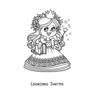 Desenho para colorir de princesa mágica kawaii com livro