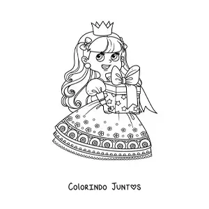 Desenho para colorir de princesa kawaii com presente