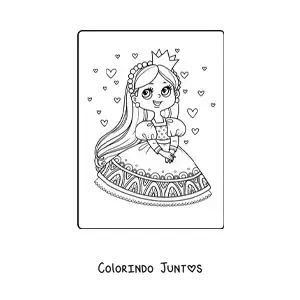 Desenho para colorir de princesa kawaii com corações