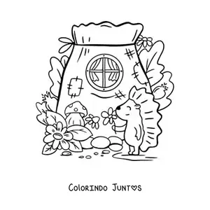 Desenho para colorir de porco-espinho animado e casa da floresta encantada