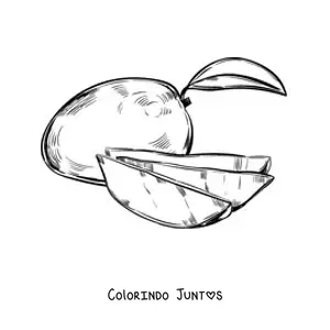 Desenho para colorir de uma manga fatiada e uma manga inteira ao fundo