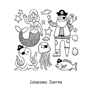 Desenho para colorir de pirata animado com sereia e animais