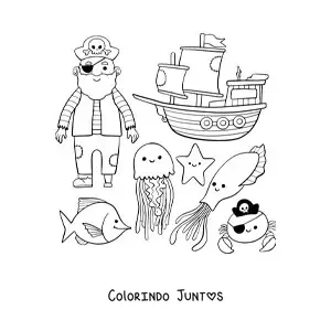 Desenho para colorir de pirata animado com navio e animais