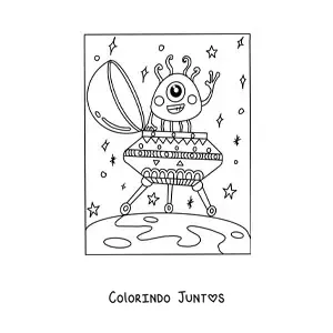 Desenho para colorir de extraterrestre kawaii em sua nave