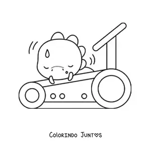 Desenho para colorir de dinossauro kawaii cansado na esteira