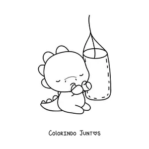 Desenho para colorir de dinossauro kawaii batendo em um saco de pancadas
