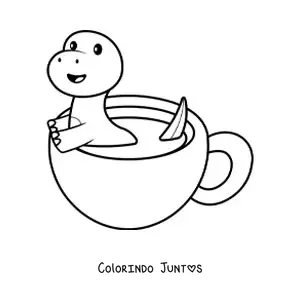 Desenho para colorir de dinossauro kawaii em uma xícara