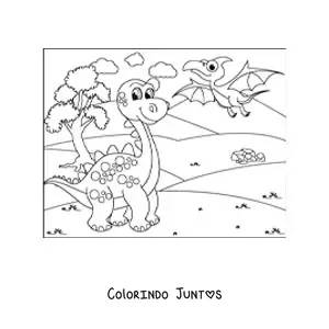 Desenho para colorir de dinossauros animados voador e terrestre
