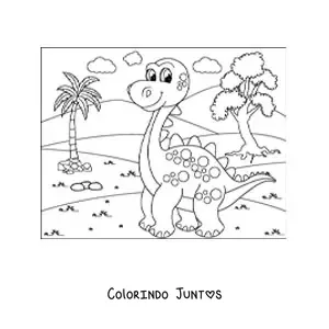 Desenho para colorir de dinossauro animado de pescoço longo em seu hábitat