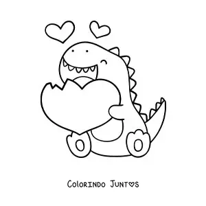Desenho para colorir de tiranossauro rex kawaii com um coração