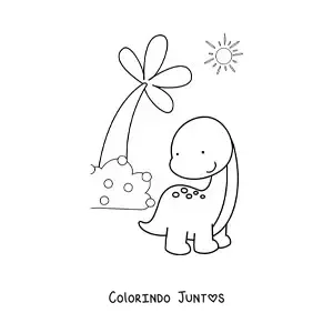 Desenho para colorir de dinossauro bebê bonito de pescoço longo em seu hábitat