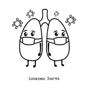 Desenho para colorir de pulmões kawaii animados com máscara