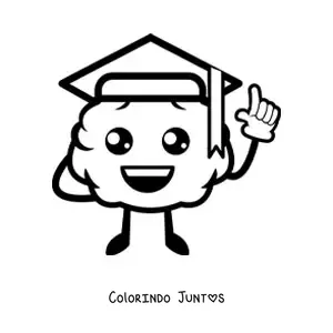 Desenho para colorir de cérebro kawaii animado com capelo de formatura
