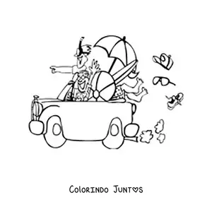 Desenho para colorir de jovens em um carro a caminho da praia