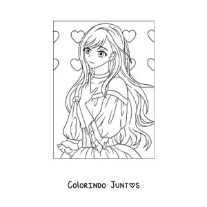 Desenho para colorir de menina anime kawaii com corações